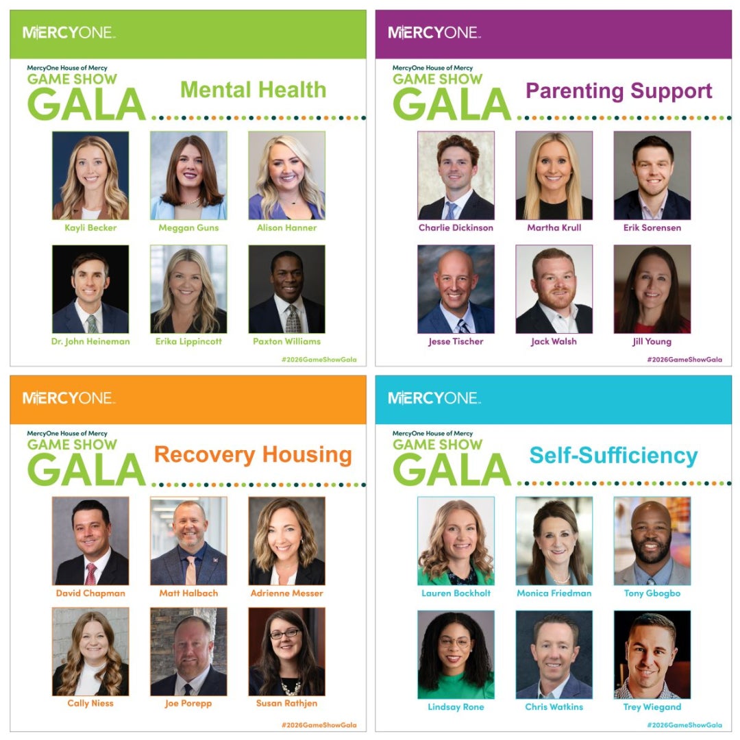 An image listing the four teams with photos of each member. Mental Health  Kayli Becker Meggan Guns Alison Hanner Dr. John Heineman Erika Lippincott Paxton Williams   Parenting Support  Charlie Dickinson Martha Krull Erik Sorensen Jesse Tischer Jack Walsh Jill Young   Recovery Housing  David Chapman Matt Halbach Adrienne Messer Cally Niess Joe Porepp Susan Rathjen   Self-Sufficiency  Lauren Bockholt Monica Friedman Tony Gbobo Lindsay Rone Chris Watkins Trey Wiegand