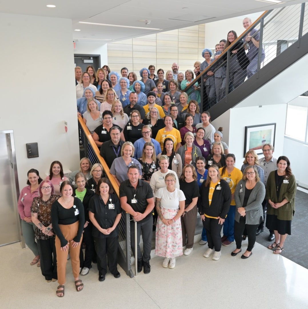 MercyOne Dubuque Medical Center colleagues from multiple departments gather for a team photo to celebrate receiving a five-star rating from the Centers for Medicare and Medicaid Services (CMS) for the 5th consecutive year.